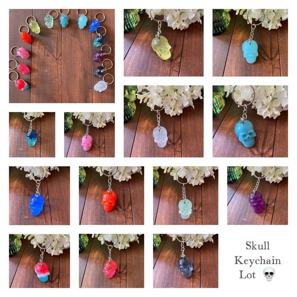 Handmade Resin Skull Keychain 3” Hang Tag Gothic Backpack Bag Charm Lot of 14